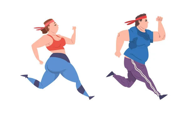 Overweight Man and Woman Character Running and Jogging Vector Set —  Vetores de Stock