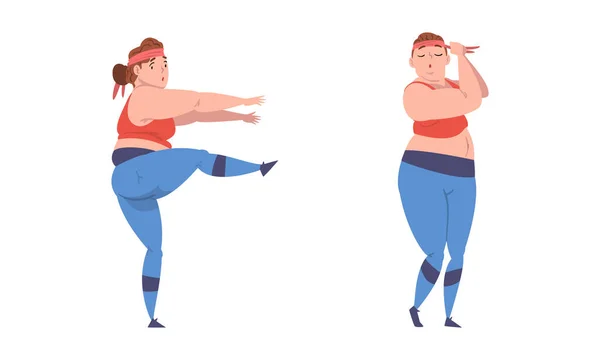 Overweight Woman Character Training in Gym Vector Set — Stockový vektor