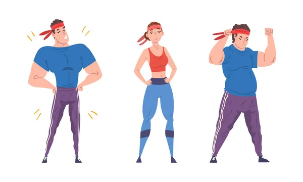 Overweight Man and Woman Character Getting Fit Achieving Goal Vector Set — Stok Vektör