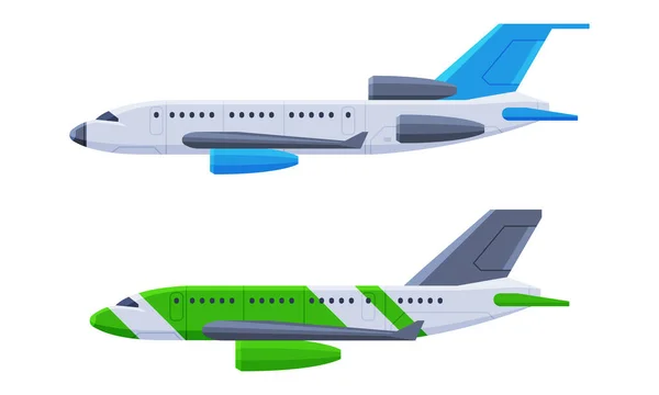 Airplane or Fixed-wing Aircraft Propelled by Thrust Side View Vector Set — Wektor stockowy