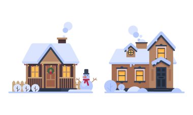 Country House in Winter Season with Chimney and Roof Covered with White Snow Vector Set