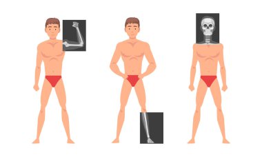 Young Man Standing in Undershorts with His Skeleton X-ray Vector Set