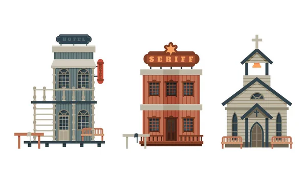 Western Style Building and Wild West Architectural Construction Vector Set — стоковый вектор