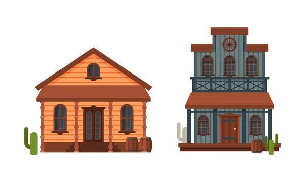Western Style Building and Wild West Architectural Construction Vector Set — стоковый вектор