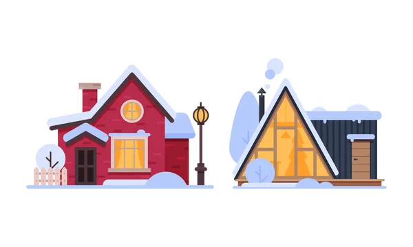 Country House in Winter Season with Chimney and Roof Covered with White Snow Vector Set — Vetor de Stock