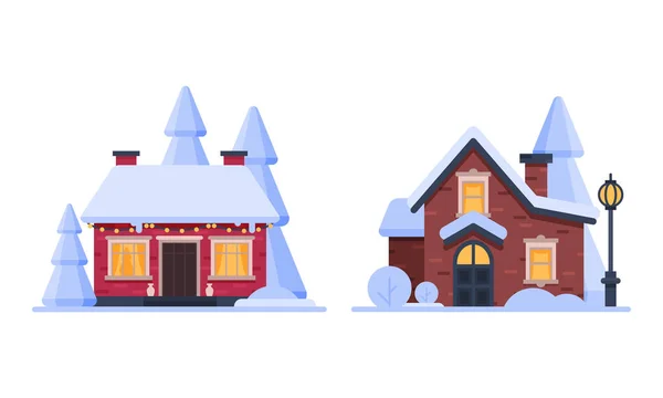 Εξοχική κατοικία στη χειμερινή περίοδο με καμινάδα και στέγη που καλύπτεται με λευκό χιόνι διάνυσμα σετ — Διανυσματικό Αρχείο