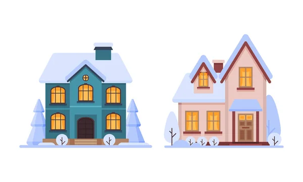 Casa de campo en temporada de invierno con chimenea y techo cubierto con nieve blanca Vector Set — Vector de stock