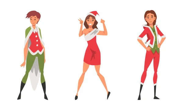 Pretty Woman Wearing Red Santa Claus Costume Standing with Beaming Smile on Her Face Vector Set — Wektor stockowy