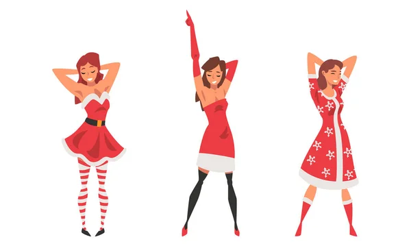 Pretty Woman Wearing Red Santa Claus Costume Standing with Beaming Smile on Her Face Vector Set — Image vectorielle