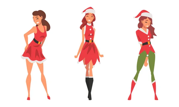 Pretty Woman Wearing Red Santa Claus Costume Standing with Beaming Smile on Her Face Vector Set — Vettoriale Stock