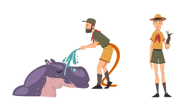 Man Zookeeper Watering Hippo with Hose and Holding Small Rodent on Hand Engaged in Daily Care of Animal Vector Set — Vector de stock