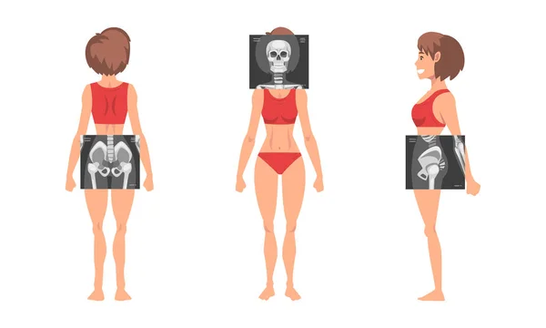 Young Woman Standing in Red Underwear with Her Skeleton X-ray Vector Set — Stock Vector