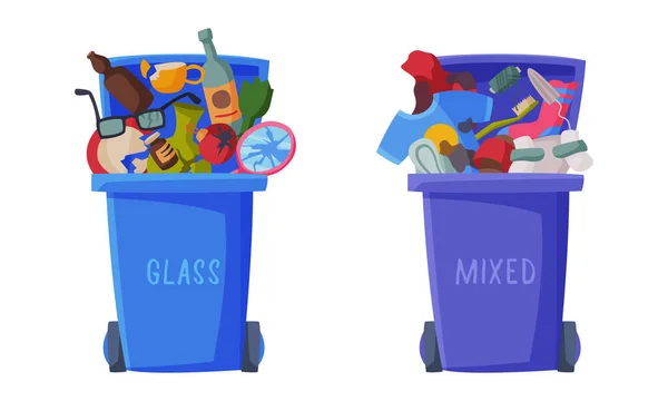 Clasificación de basura con la papelera llena de reciclaje conjunto de vectores de basura — Vector de stock