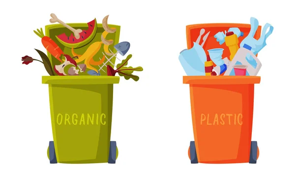 Sorting Garbage with Dustbin Full of Recycle Trash Vector Set — Vetor de Stock