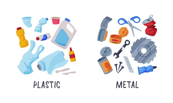 Tri des ordures avec un ensemble de vecteurs d'objets de déchets recyclables — Image vectorielle