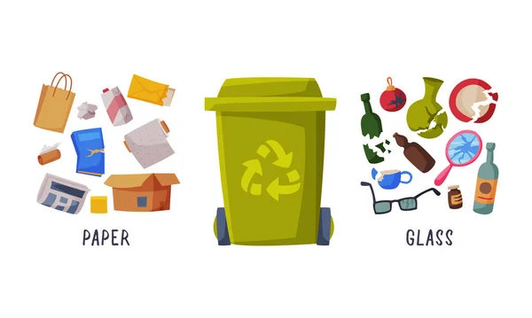 Ταξινόμηση σκουπιδιών με κάδο απορριμμάτων και Ανακυκλώστε Σετ Διανυσματικών Αντικειμένων — Διανυσματικό Αρχείο