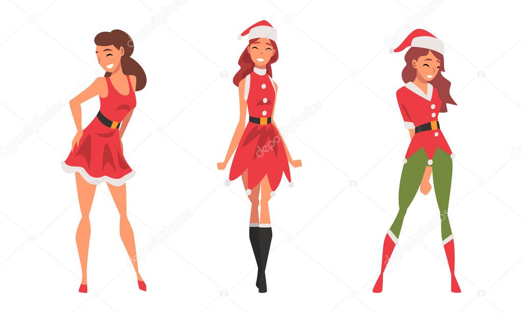 Pretty Woman Wearing Red Santa Claus Costume Standing with Beaming Smile on Her Face Vector Set
