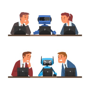 Man and Woman Employee Competing with Robot Working at Laptop Vector Set