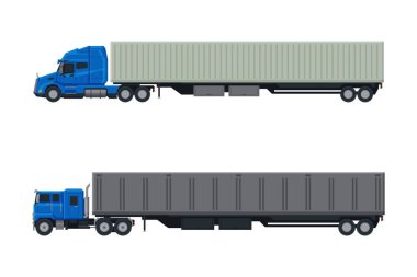 Semi Tractor Trailer Truck as Heavy-duty Towing Engine Side View Vector Set
