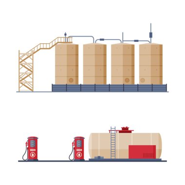 Steel Tank or Storage Reservoir with Oil or Petroleum and Gas Filling Station Stand Vector Set