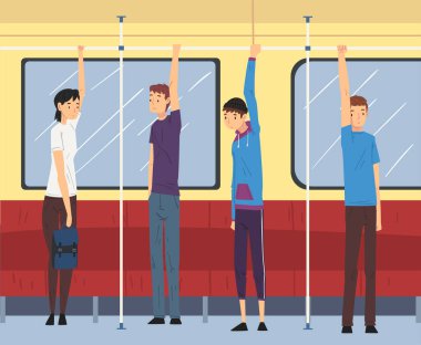 People Character Traveling Inside Electrical Train Holding Handrail Vector Set