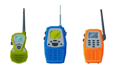 Handheld Transceiver or Walkie-talkie as Portable Radio Device with Antenna Vector Set clipart