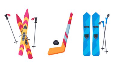Ice Hockey Stick and Ski with Pole Vector Set