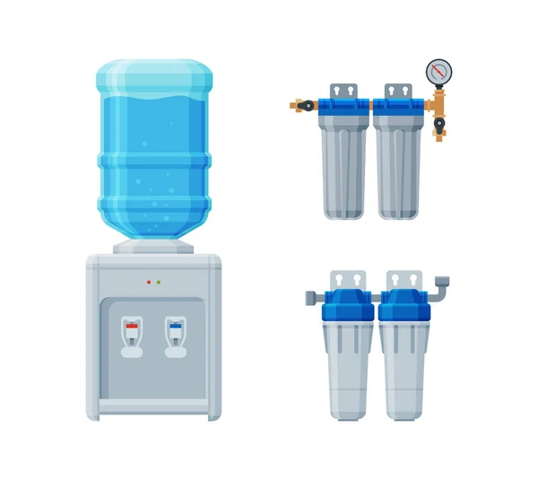 Water Filter Cartridge with Fine Physical Barrier for Lowering Contamination of Drinking Water and Cooler Dispenser Vector Set — ストックベクタ
