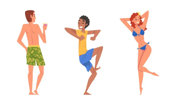 Cheerful Man and Woman in Swimwear Drinking Cocktail Having Pool Party Vector Set — ストックベクタ