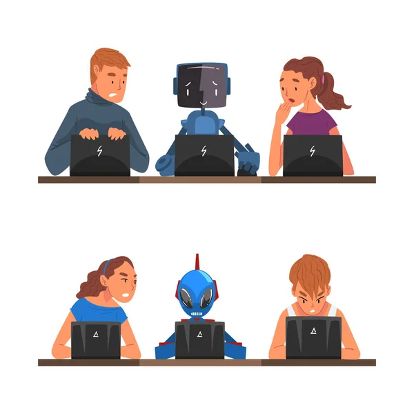 Man and Woman Employee Competing with Robot Working at Laptop Vector Set — Stockvektor