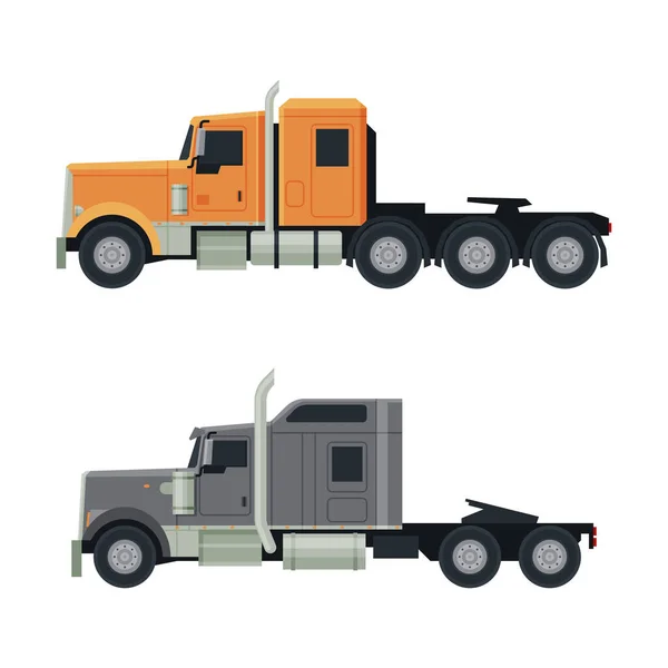 Tractor Unit as Heavy-duty Towing Engine for Hauling Semi-trailer Side View Vector Set — Stock Vector