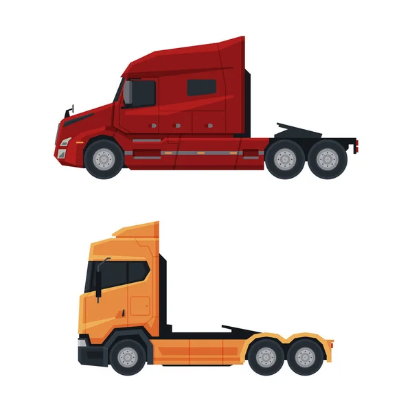 Tractor Unit as Heavy-duty Towing Engine for Hauling Semi-trailer Side View Vector Set — Stock Vector