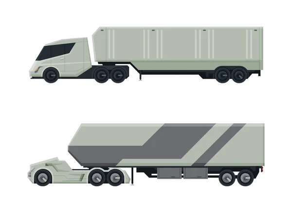 Semi Tractor Trailer Truck as Heavy-duty Towing Engine Side View Vector Set — Stok Vektör