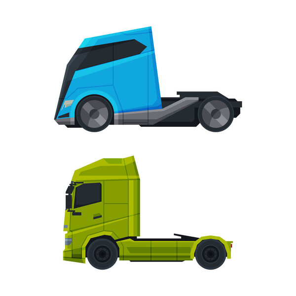 Tractor Unit as Heavy-duty Towing Engine for Hauling Semi-trailer Side View Vector Set