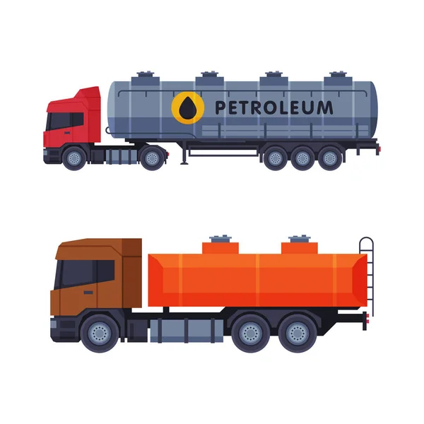 Camión con tanque que contiene aceite o petróleo para transportar el conjunto de vectores de recursos líquidos químicos — Vector de stock