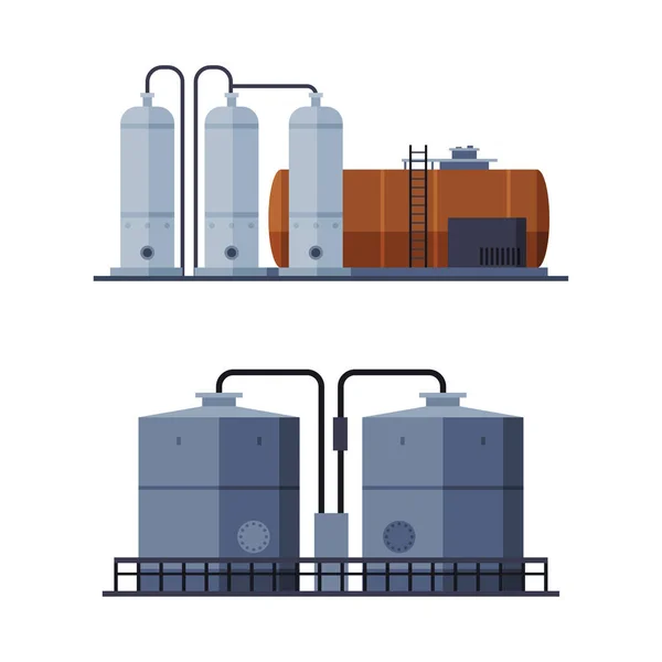 Steel Tank or Storage Reservoir with Oil or Petroleum Vector Set — Stock Vector