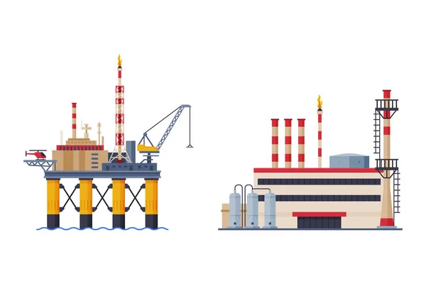 Raffinerie de pétrole ou de pétrole en tant qu'usine de traitement industriel avec ensemble de vecteurs de production de pétrole brut — Image vectorielle