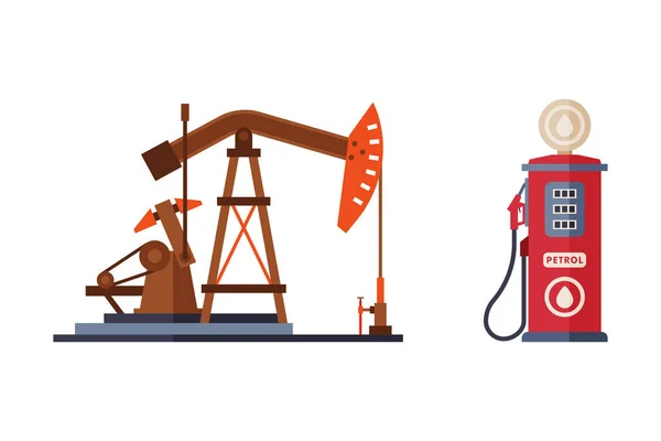 Oil Well with Pumpjack as Overground Drive for Bringing Petroleum and Gas Filling Station Stand Vector Set — Stockvektor