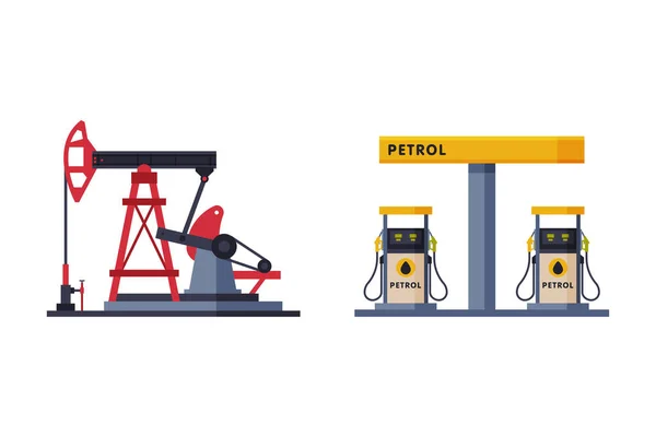 Oil Well with Pumpjack as Overground Drive for Bringing Petroleum and Gas Filling Station Stand Vector Set — Stock vektor