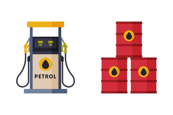 Gas Filling Station with Gasoline Pump and Barrel with Oil as Facility with Fuel for Motor Vehicle Vector Set — Stock Vector