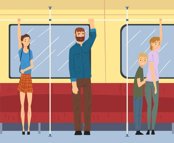 Personnage voyageant à l'intérieur du train électrique tenant la main courante Ensemble vectoriel — Image vectorielle