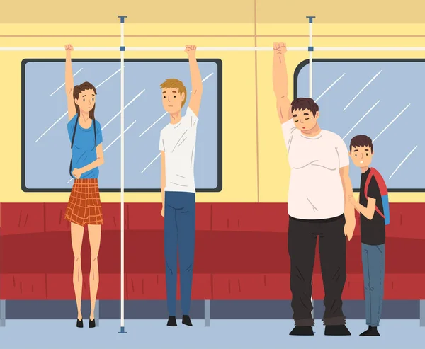 電車内を移動するキャラクター手すりベクトルセット — ストックベクタ