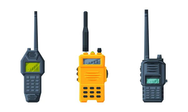 Handheld Transceiver or Walkie-talkie as Portable Radio Device with Antenna Vector Set — Stockvector