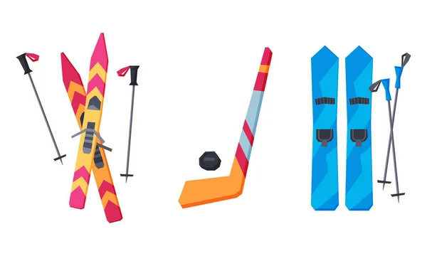 Ice Hockey Stick and Ski with Pole Vector Set — Vettoriale Stock