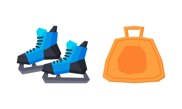 Ice Skates and Snow Saucer for Downhill Sliding and Surface Gliding Vector Set — Vetor de Stock