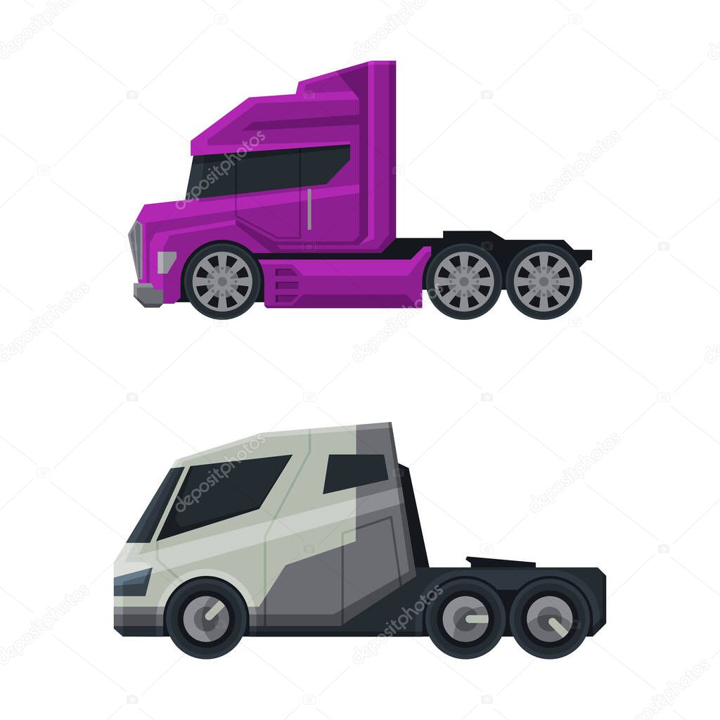 Tractor Unit as Heavy-duty Towing Engine for Hauling Semi-trailer Side View Vector Set