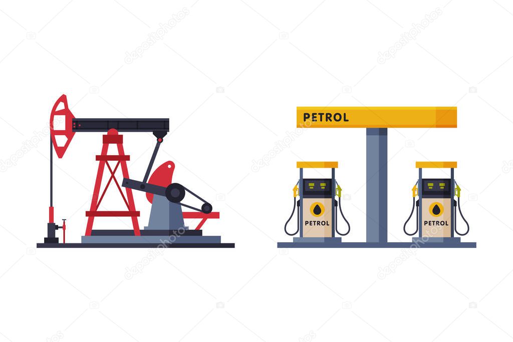 Oil Well with Pumpjack as Overground Drive for Bringing Petroleum and Gas Filling Station Stand Vector Set