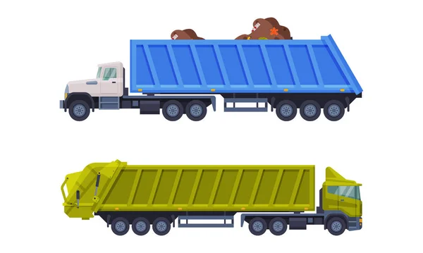 Garbage Truck for Transporting Solid Waste to Recycling Center Vector Set — Stockvektor