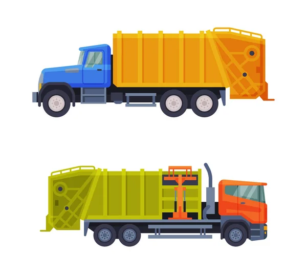 Garbage Truck for Transporting Solid Waste to Recycling Center Vector Set — Archivo Imágenes Vectoriales