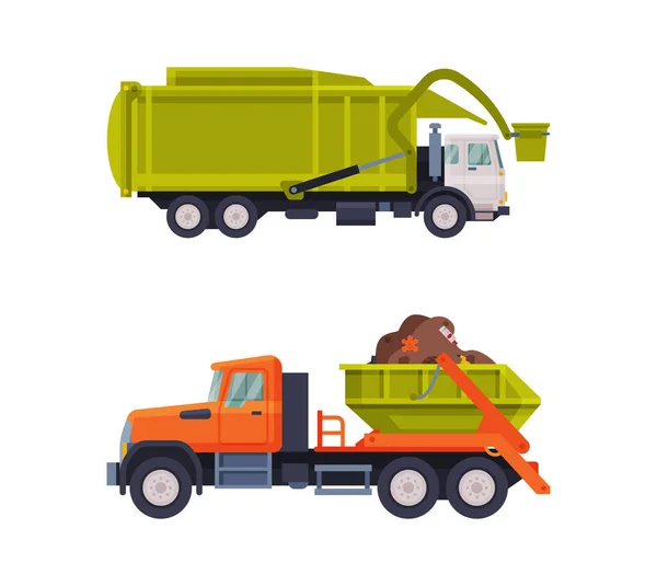 Garbage Truck for Transporting Solid Waste to Recycling Center Vector Set — Stock vektor